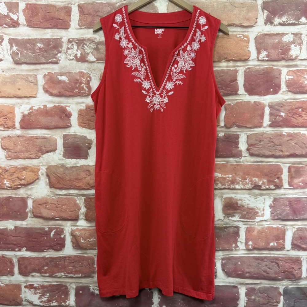Lands End Dress Women's Large Petite Red Boho Floral Embroidered Casual Sundress